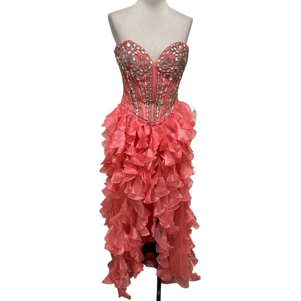 Sherri Hill Rhinestones Beaded Ruffled Formal Cocktail Gown Coral Size 8 NWT